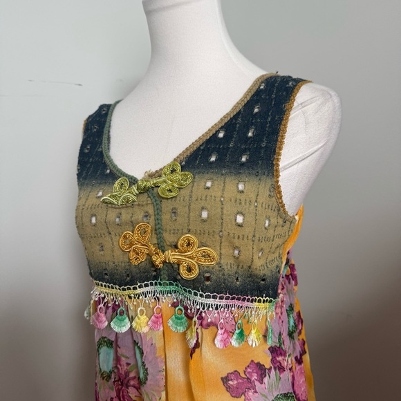 Vintage Boho Festival Tank Top – Patchwork Tie-Dye Floral Embroidered Tunic L - Picture 3 of 5